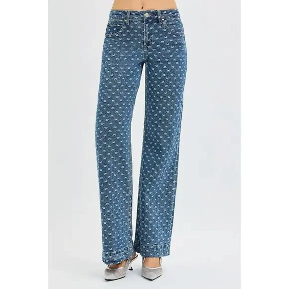RISEN High Rise Bow Embroidered Details Zip Fly Dark Wash Wide Leg Denim Jeans